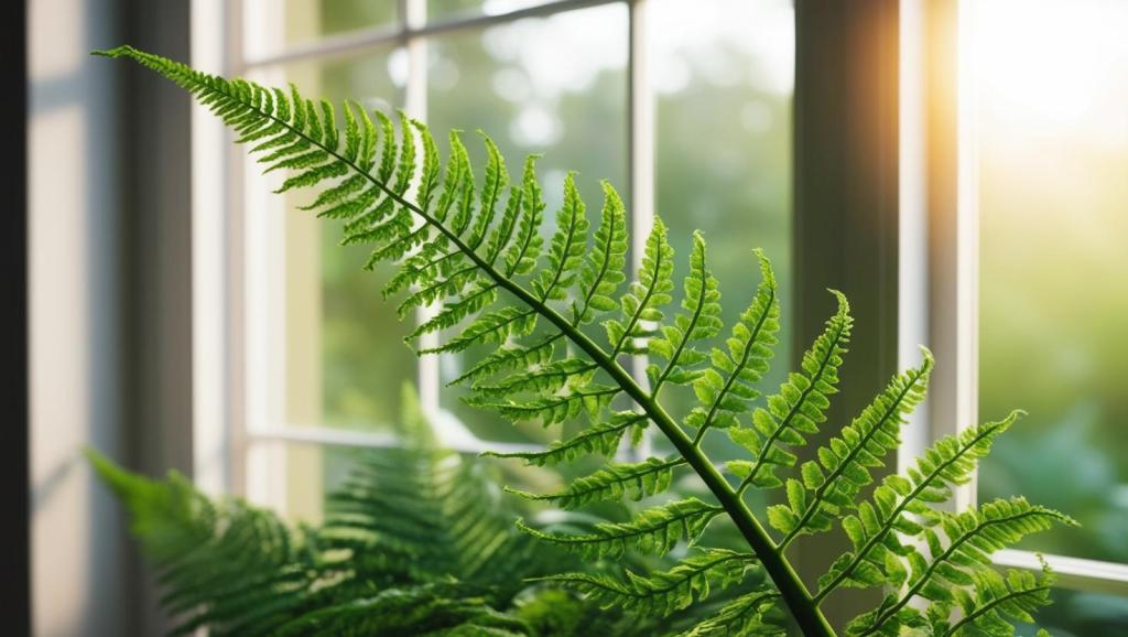Fougère verte en gros plan, près d'une fenêtre, avec une lumière douce illuminant les feuilles.